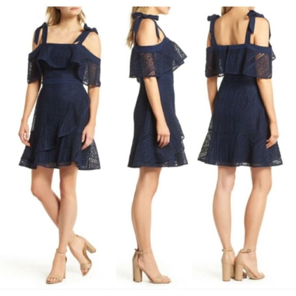 NWT Chelsea28 Size XS Tie Strap Lace Mix Dress Navy Sapphire MSRP $159 - Picture 1 of 14